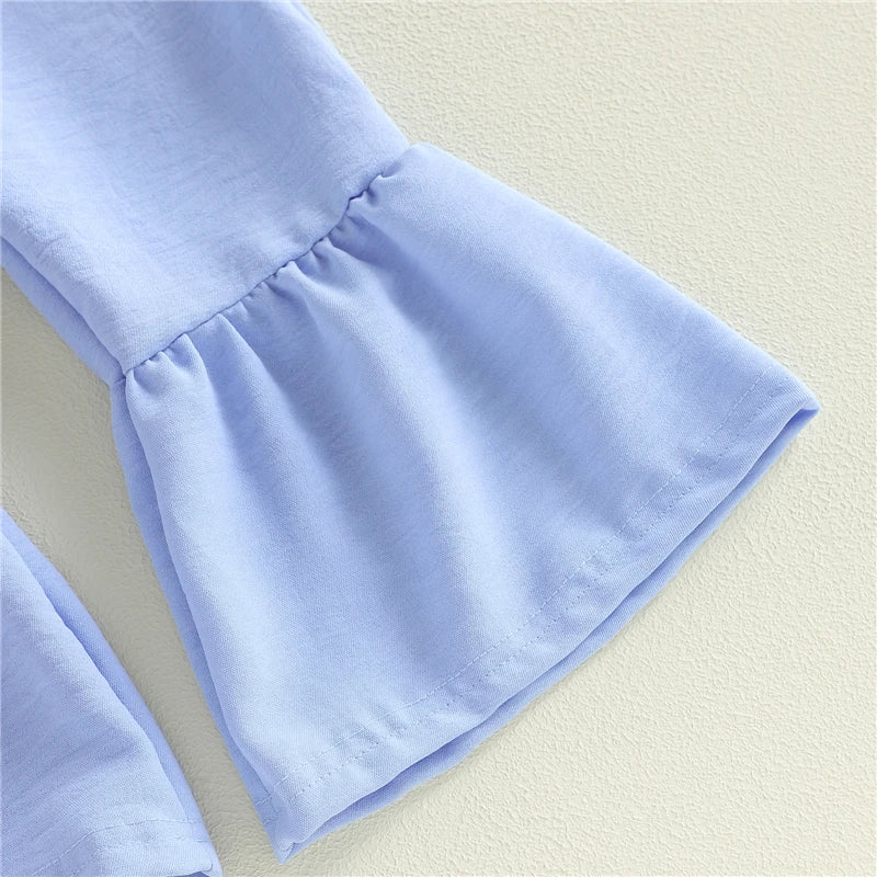 Kids Clothes Baby Girl Summer Outfits Contrast Color A Line V Neck Tie Shoulder Sleeveless Tops and Bell Bottoms 2Pcs Set