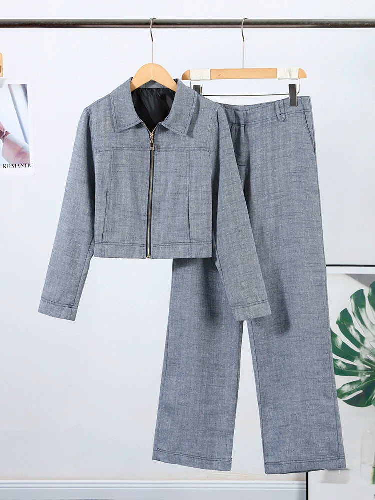 Women's Outwear 2 Piece Set Coats Pants Zipper Short Jackets Straight-Leg Trouser Autumn New Out Suits Casual Woman Clothes