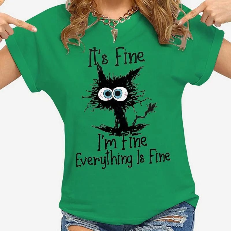 Women Clothes Cat It's Fine I'm Fine Everything Is Fine Print T-shirts Summer Casual Loose Personalized T-shirts