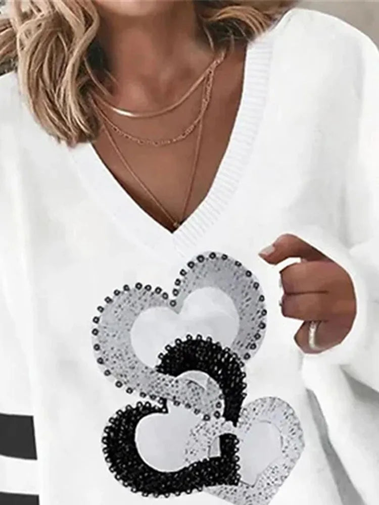 Women's white Blouse Tops Spring fall Fashion Love Print Long Sleeve Loose V Neck Pullover Irregular Hem Casual T Shirt women