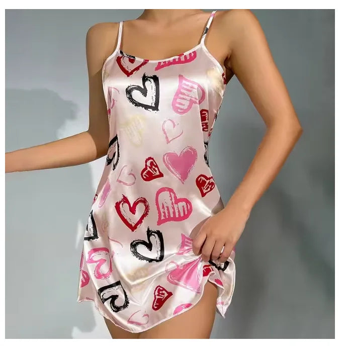 Women Nightwear Home Clothes Sexy Black Floral Printing Nightdress Sleepwear Nightshirts Silk Sleepshirts Nightgowns For Woman