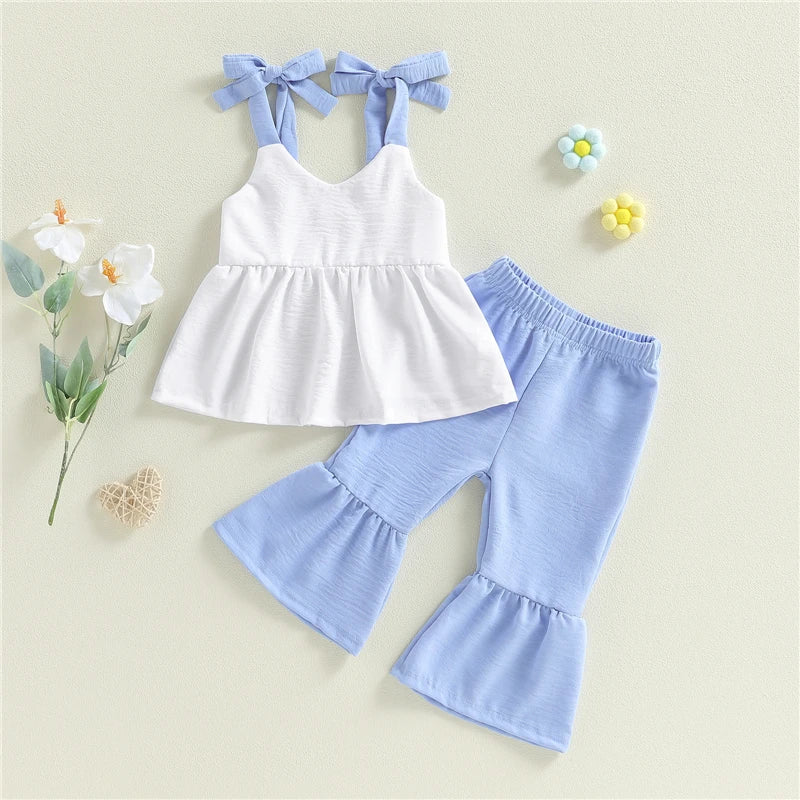 Kids Clothes Baby Girl Summer Outfits Contrast Color A Line V Neck Tie Shoulder Sleeveless Tops and Bell Bottoms 2Pcs Set