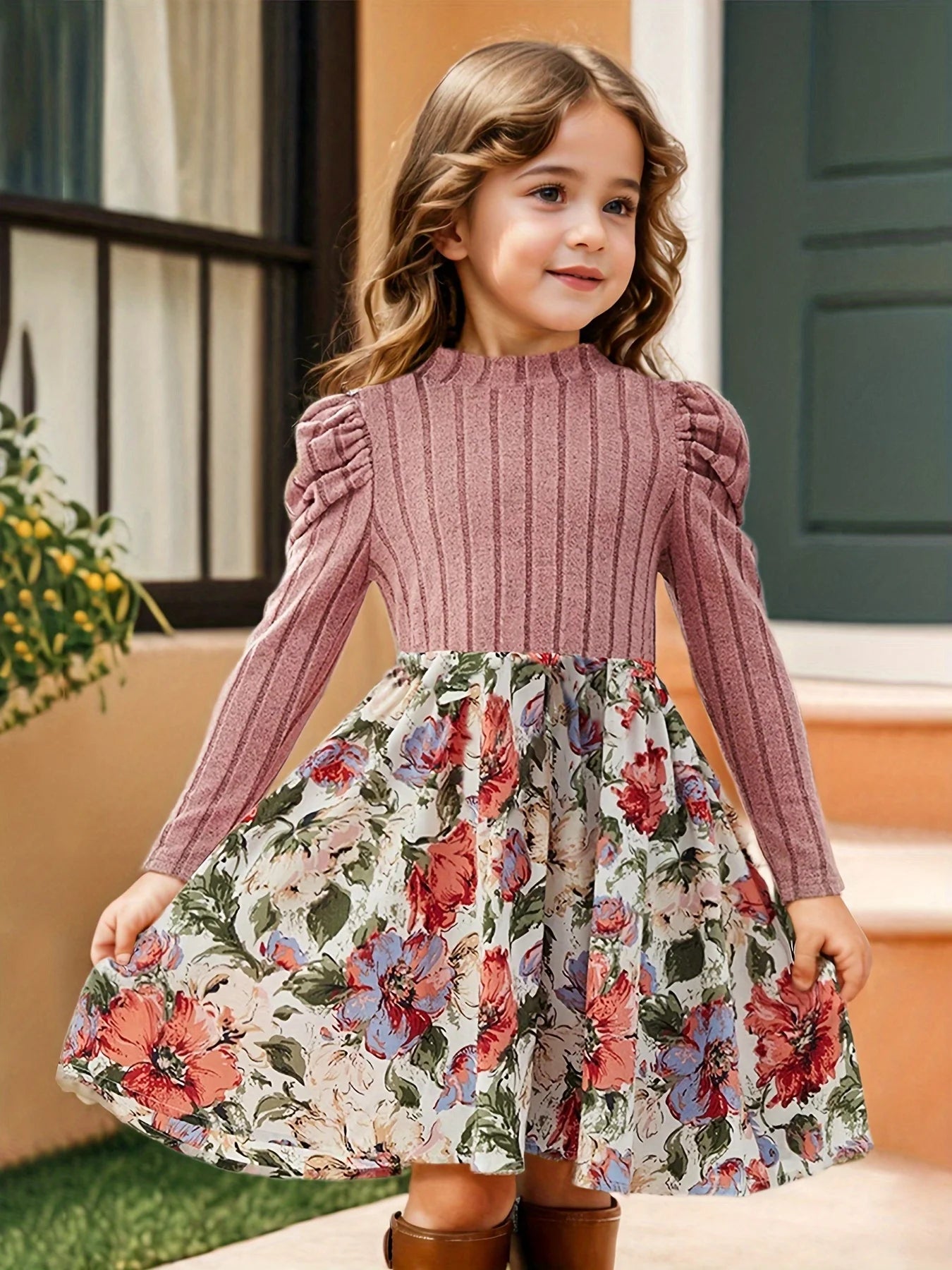 Kids Clothes Girls Floral Print Pattern Decor Stand Collar Long Sleeve Dress Girl Puff Sleeve Fashion Casual Skirt Child Casual Stylish Dress