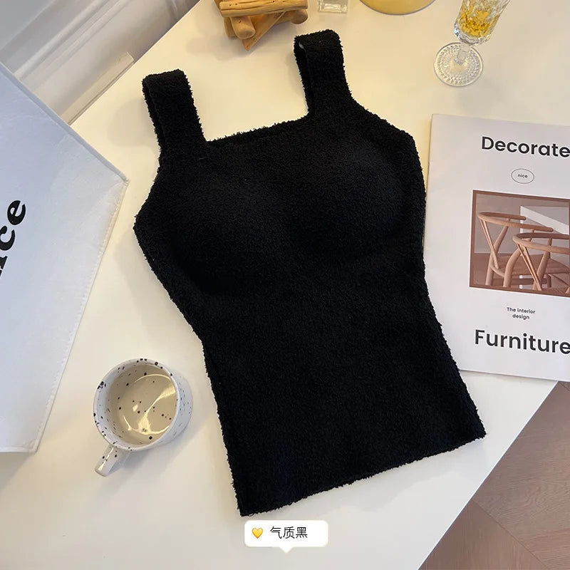 Women's Clothing Autumn winter Camis Tanks lamb wool warm vest women  breast pads long thick velvet vest bottom shirt Tees Tops