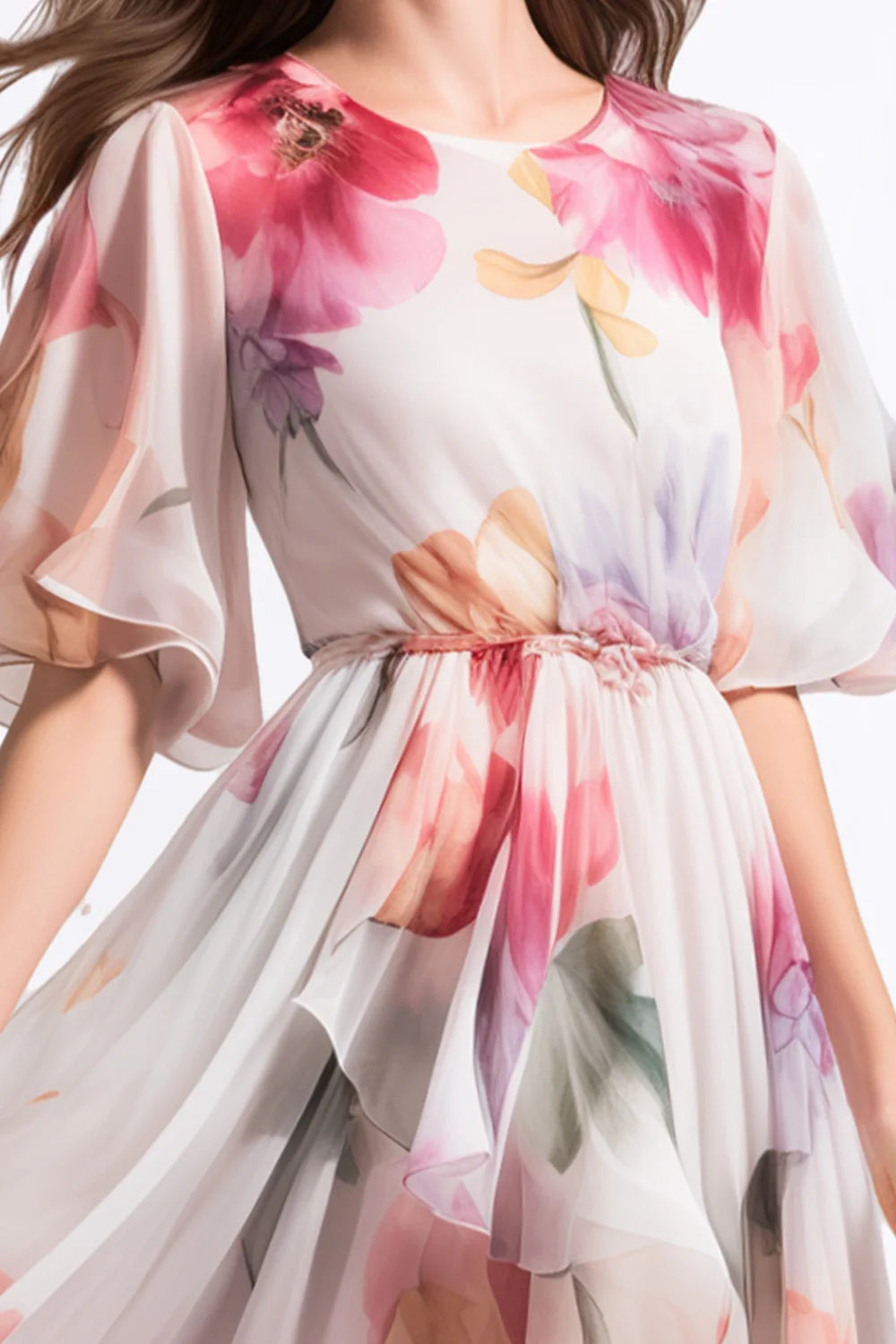 Women's Clothing Fashion Everyday Pink Chiffon Floral Print Flutter Sleeve Maxi Dress