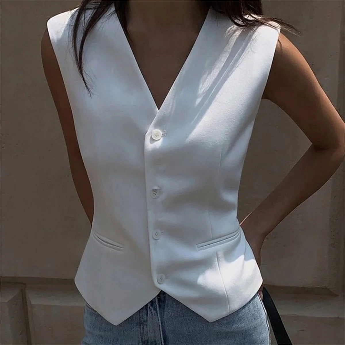 Women Fashion Sleeveless Suit Vest Solid Single Breasted V Neck Tops Elegant Office Lady Clothes Slim Casual Street Cardigan