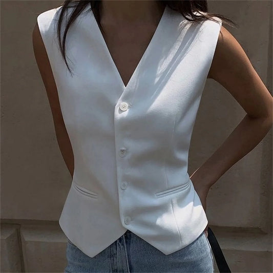 Women Fashion Sleeveless Suit Vest Solid Single Breasted V Neck Tops Elegant Office Lady Clothes Slim Casual Street Cardigan