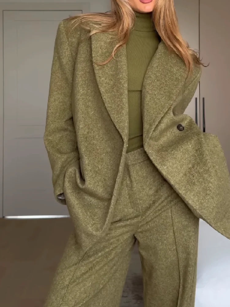 Women's Elegant Woolen Suit Sets Padded Shoulder Loose Suit Coat High Waist Big Leg Suit Pant 2025 New Lady Autumn Winter Outfit