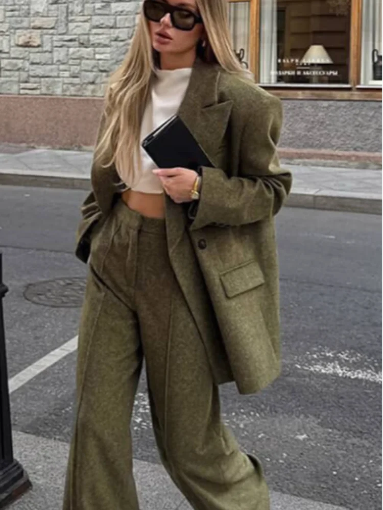 Women's Elegant Woolen Suit Sets Padded Shoulder Loose Suit Coat High Waist Big Leg Suit Pant 2025 New Lady Autumn Winter Outfit
