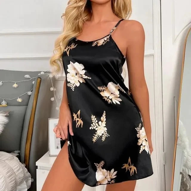 Women Nightwear Home Clothes Sexy Black Floral Printing Nightdress Sleepwear Nightshirts Silk Sleepshirts Nightgowns For Woman