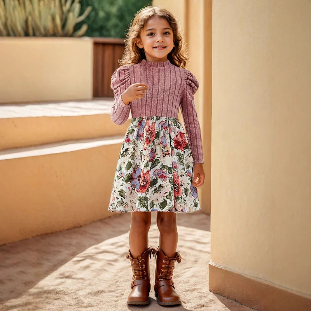 Kids Clothes Girls Floral Print Pattern Decor Stand Collar Long Sleeve Dress Girl Puff Sleeve Fashion Casual Skirt Child Casual Stylish Dress
