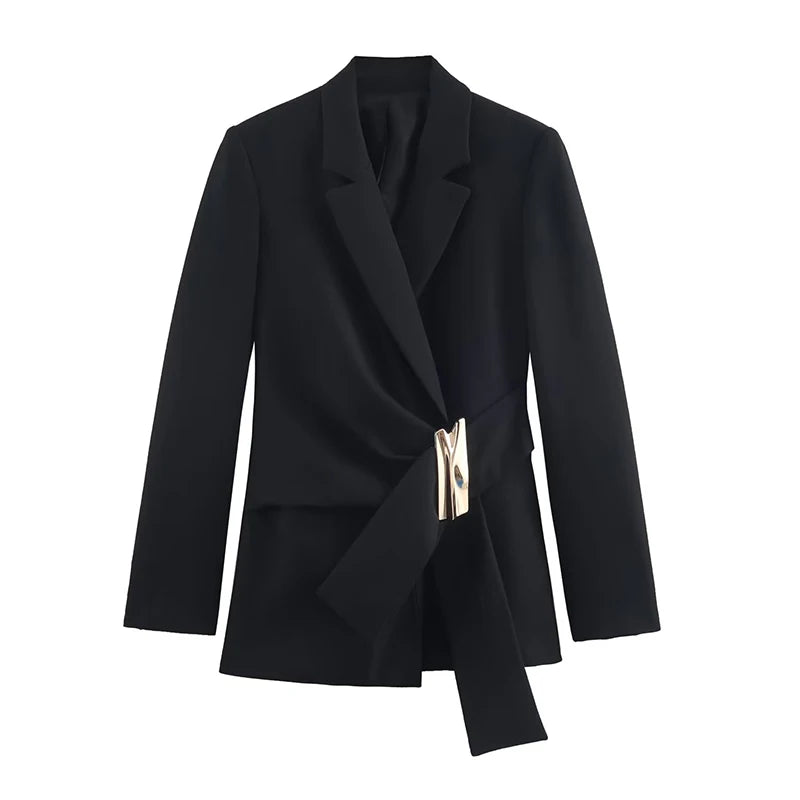 Women's Suit Pants Two-Piece Set Buckle Decoration Long Sleeve Blazer Coat + Straight-Leg Pants 2 Pieces Sets Chic Woman Outfits