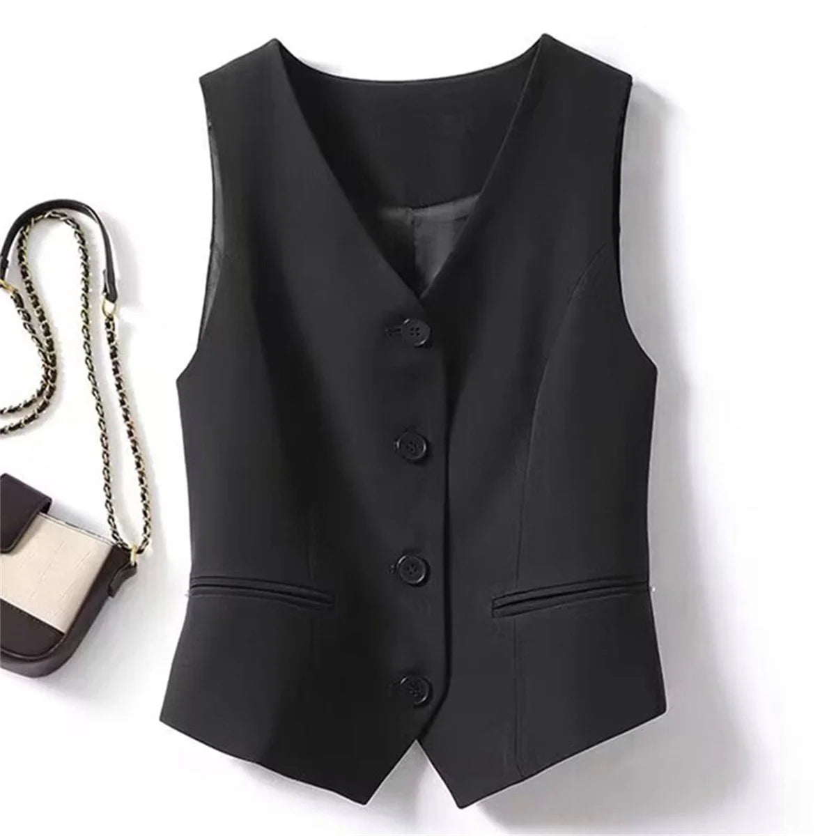 Women Fashion Sleeveless Suit Vest Solid Single Breasted V Neck Tops Elegant Office Lady Clothes Slim Casual Street Cardigan