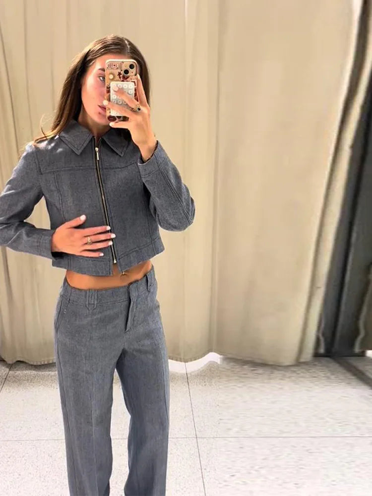 Women's Outwear 2 Piece Set Coats Pants Zipper Short Jackets Straight-Leg Trouser Autumn New Out Suits Casual Woman Clothes