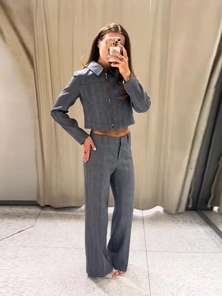 Women's Outwear 2 Piece Set Coats Pants Zipper Short Jackets Straight-Leg Trouser Autumn New Out Suits Casual Woman Clothes