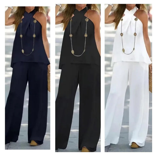 Women's Clothing 2025 New Fashion Casual Halter Neck Solid Color Sleeveless Suit Wide Leg Pants Trousers Two-piece Suit
