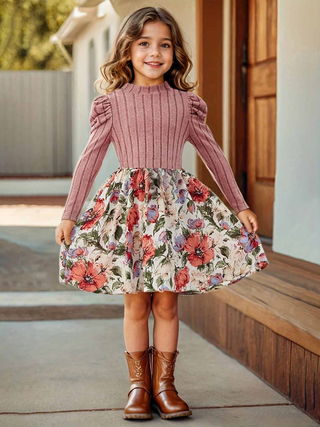 Kids Clothes Girls Floral Print Pattern Decor Stand Collar Long Sleeve Dress Girl Puff Sleeve Fashion Casual Skirt Child Casual Stylish Dress
