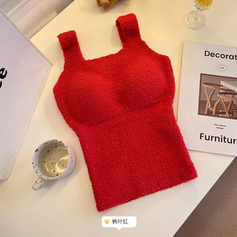 Women's Clothing Autumn winter Camis Tanks lamb wool warm vest women  breast pads long thick velvet vest bottom shirt Tees Tops