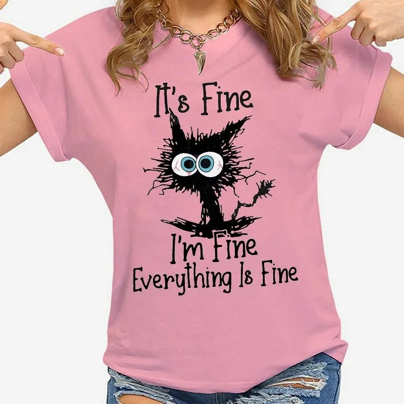 Women Clothes Cat It's Fine I'm Fine Everything Is Fine Print T-shirts Summer Casual Loose  Personalized T-shirts