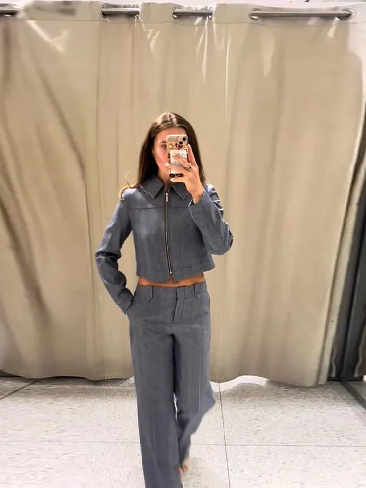 Women's Outwear 2 Piece Set Coats Pants Zipper Short Jackets Straight-Leg Trouser Autumn New Out Suits Casual Woman Clothes