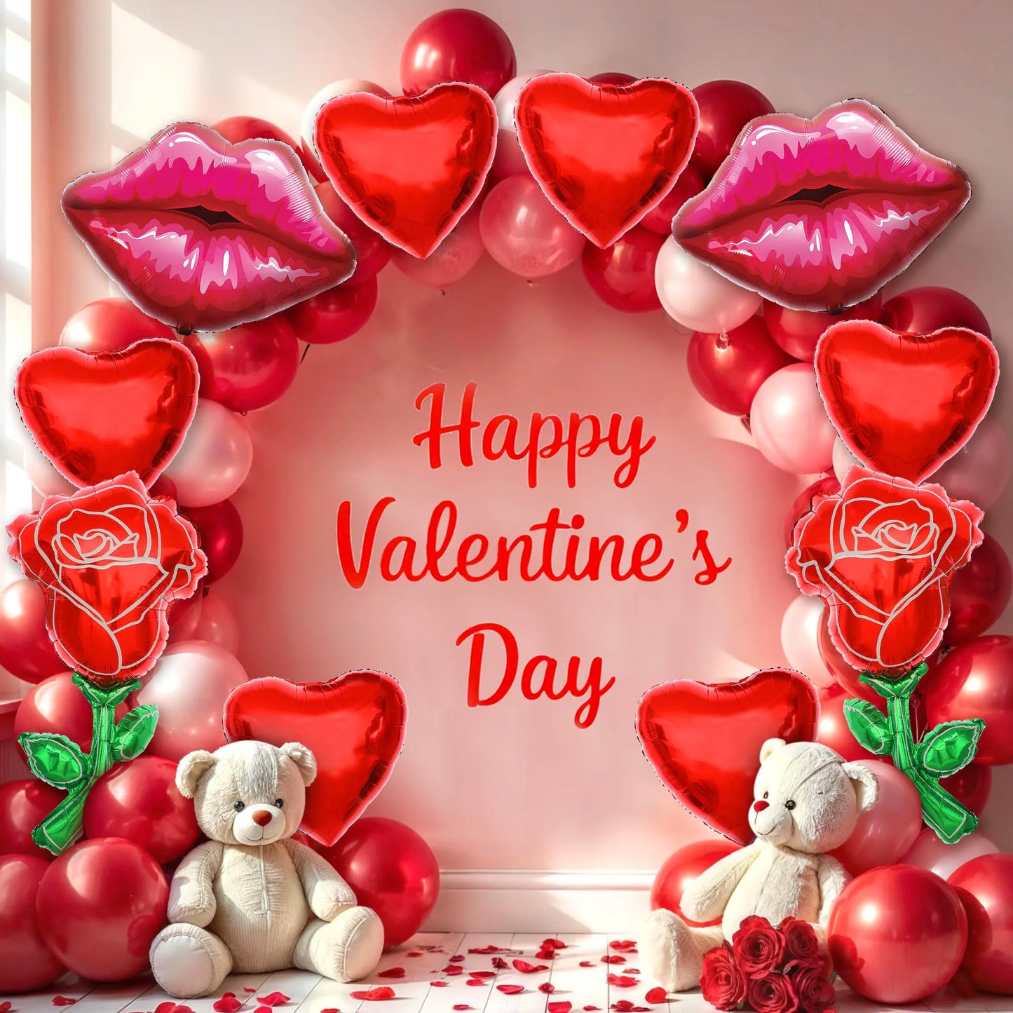 10pcs Valentine's Day Foil Balloon Set Rose Balloon Lip Balloon Heart Balloon Special Night Valentine's Day Decoration Balloon