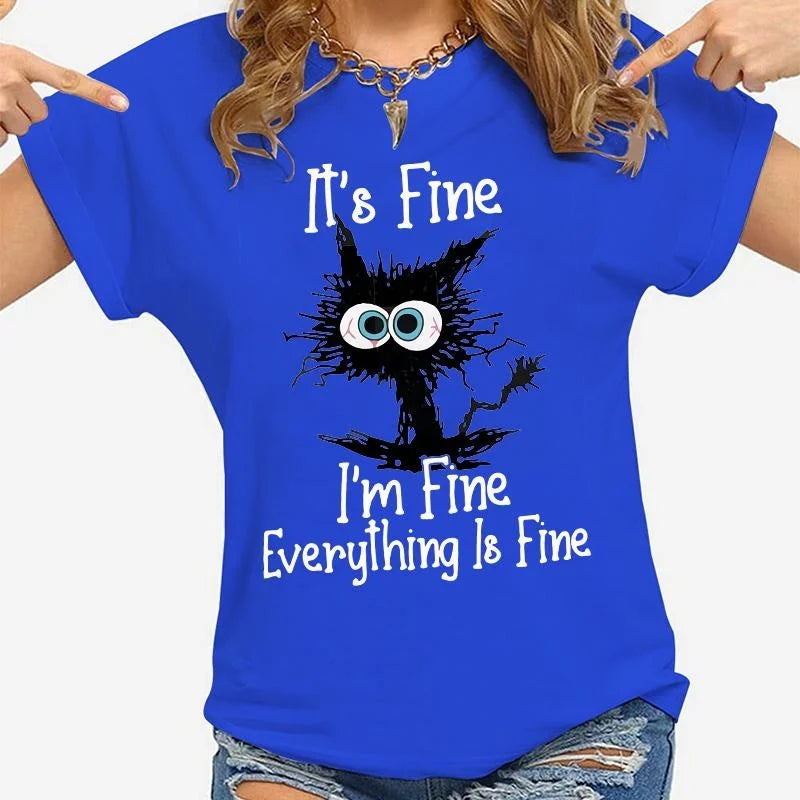 Women Clothes Cat It's Fine I'm Fine Everything Is Fine Print T-shirts Summer Casual Loose  Personalized T-shirts