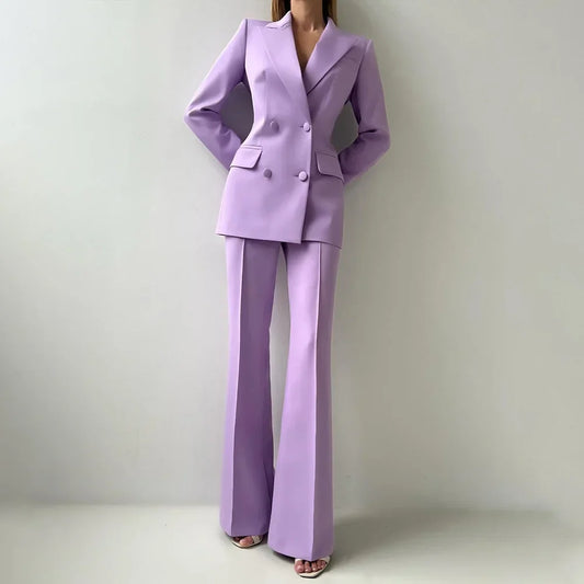 Women Suits Sets 2 Piece Elegant Peak Lapel Double Breasted Outfits Fashion Daily Casual Chic Female Suit (Jacket+Pants)