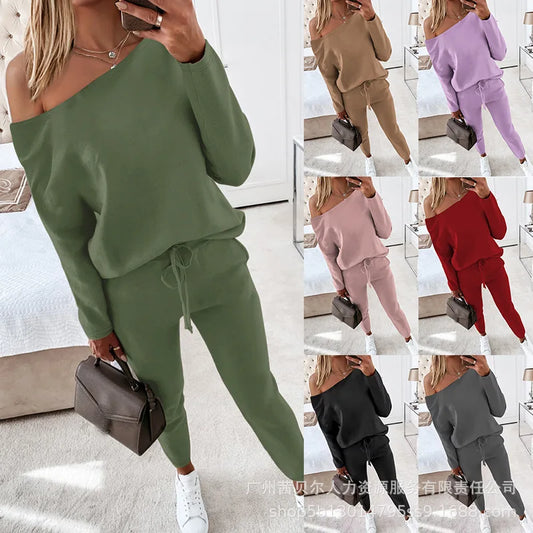 Women's Suits Slanted Shoulder Solid Color Sweater and Pants Set for Women 2-piece Set