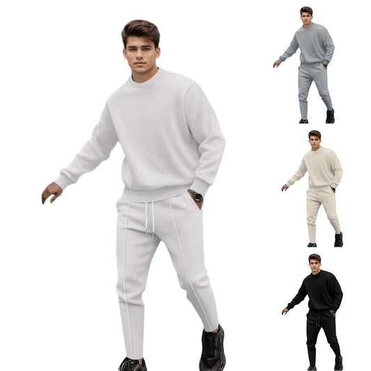 Men Minimalist Style Solid Top Trousers Suit Casual Long Sleeve Round Neck Pullover And Cozy Drawstring Pant Daily Soft Outfit