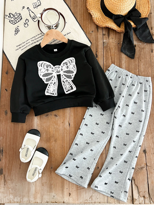 Kids Clothes Girls Autumn Fashion Bow Print Long-sleeved Sweatshirt + Flared Pants Sets Children's Daily Casual Wear