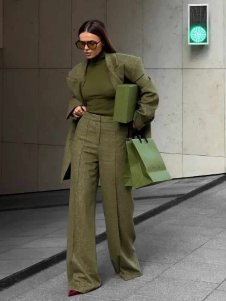 Women's Elegant Woolen Suit Sets Padded Shoulder Loose Suit Coat High Waist Big Leg Suit Pant 2025 New Lady Autumn Winter Outfit