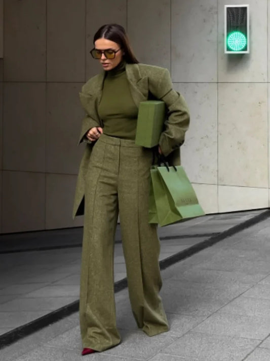 Women's Elegant Woolen Suit Sets Padded Shoulder Loose Suit Coat High Waist Big Leg Suit Pant 2025 New Lady Autumn Winter Outfit