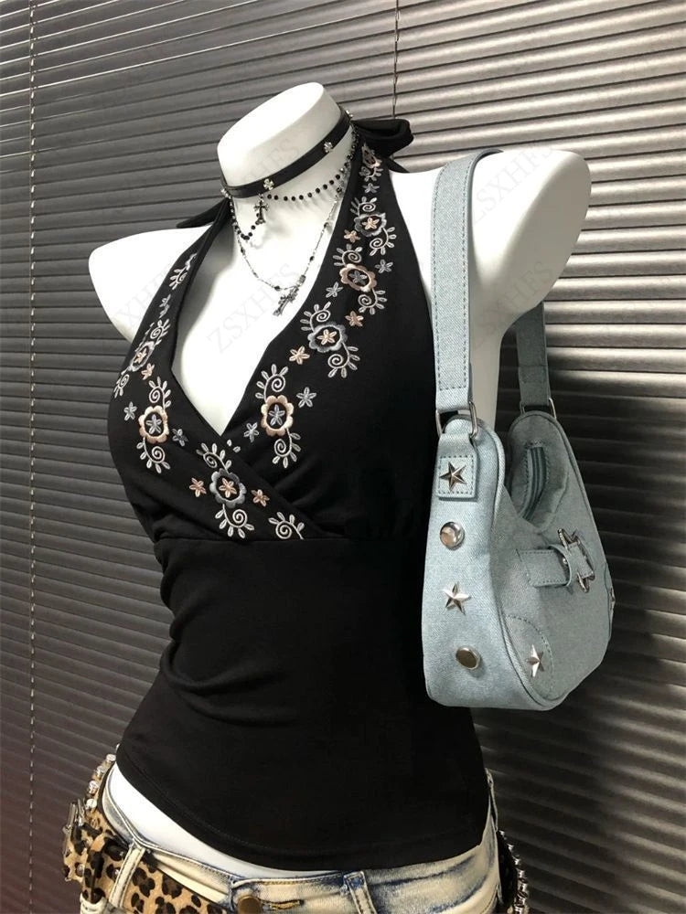 Vintage Clothes Women Camis Punk Sexy Casual Backless Flowers Gothic Sleeveless Tank Top Hip Hop Femme Grunge Y2k Crop Tops Tees