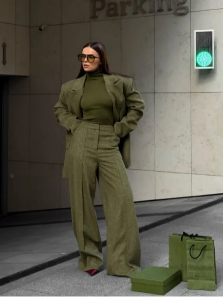 Women's Elegant Woolen Suit Sets Padded Shoulder Loose Suit Coat High Waist Big Leg Suit Pant 2025 New Lady Autumn Winter Outfit
