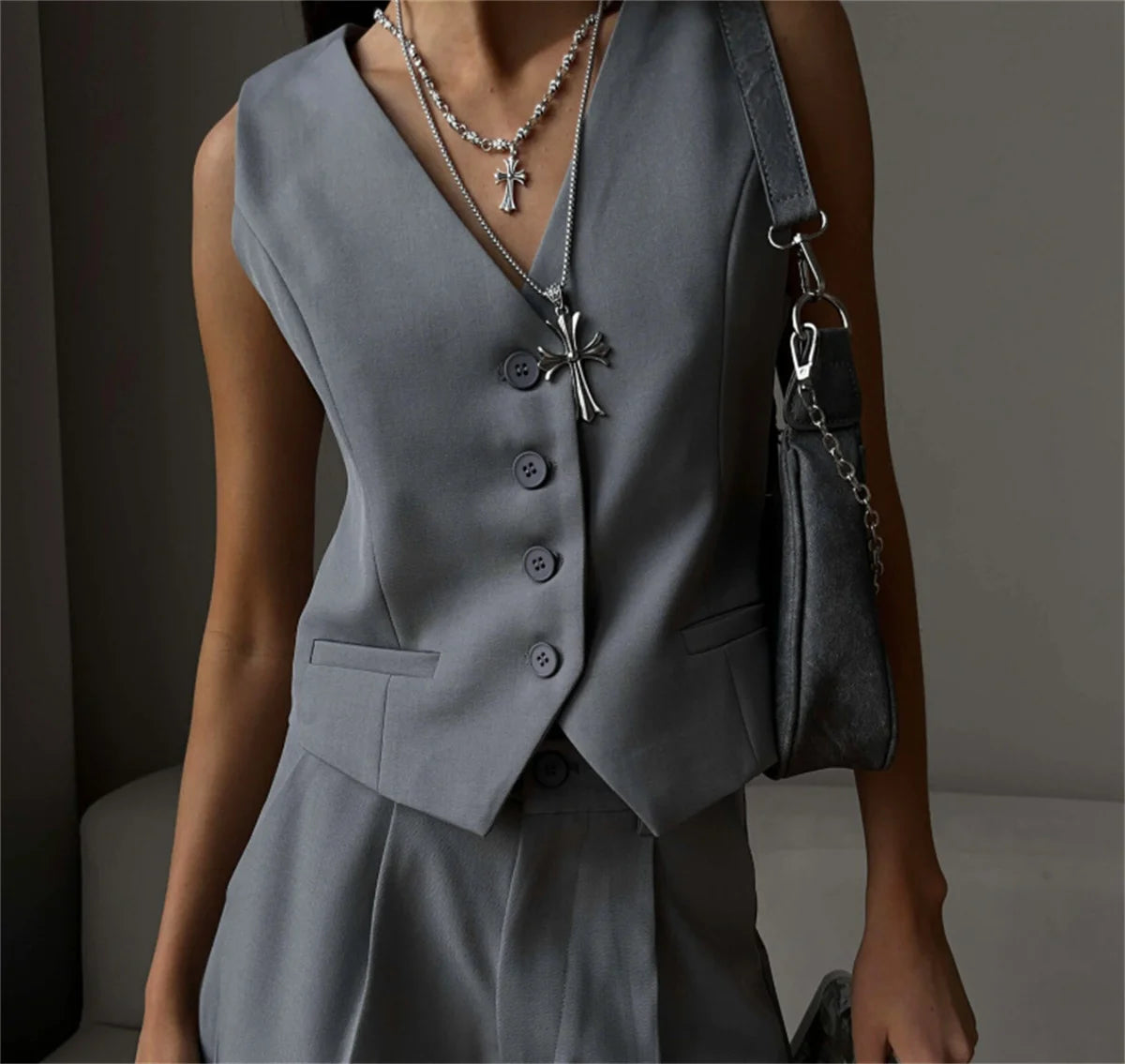 Women Fashion Sleeveless Suit Vest Solid Single Breasted V Neck Tops Elegant Office Lady Clothes Slim Casual Street Cardigan