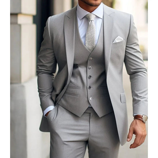 Men's Suits  Grey Costume Homme Slim Fit Formal Wedding Outfits 3 Piece Jacket Pants With Vest Custom Made 2024