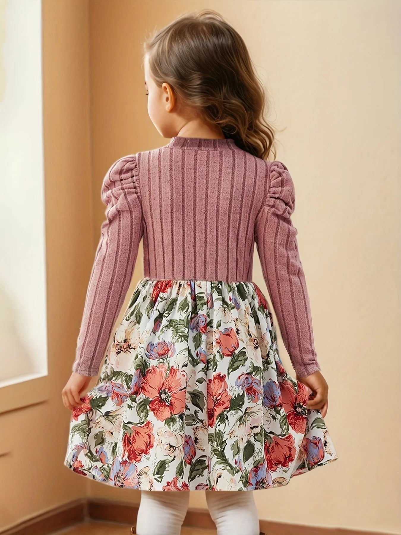 Kids Clothes Girls Floral Print Pattern Decor Stand Collar Long Sleeve Dress Girl Puff Sleeve Fashion Casual Skirt Child Casual Stylish Dress