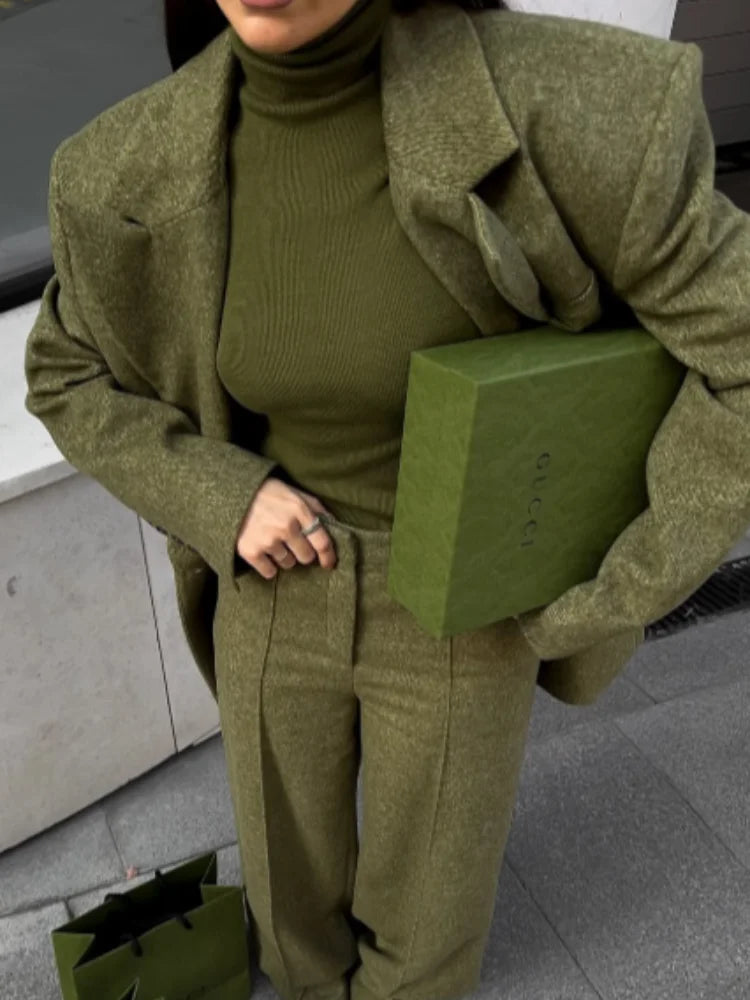 Women's Elegant Woolen Suit Sets Padded Shoulder Loose Suit Coat High Waist Big Leg Suit Pant 2025 New Lady Autumn Winter Outfit