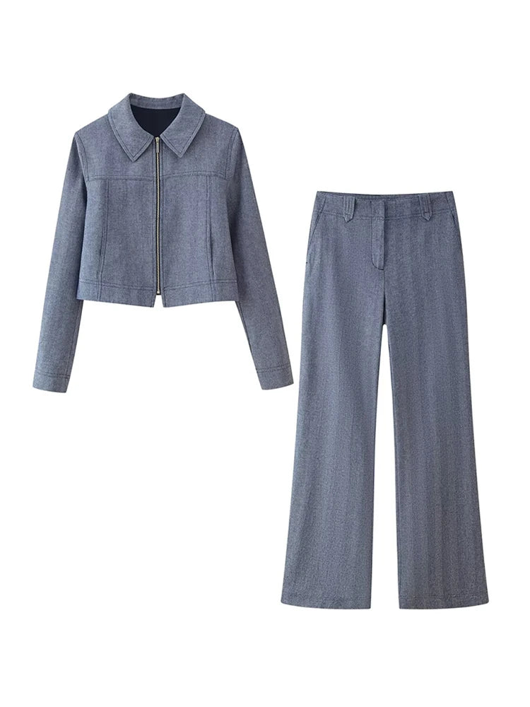 Women's Outwear 2 Piece Set Coats Pants Zipper Short Jackets Straight-Leg Trouser Autumn New Out Suits Casual Woman Clothes