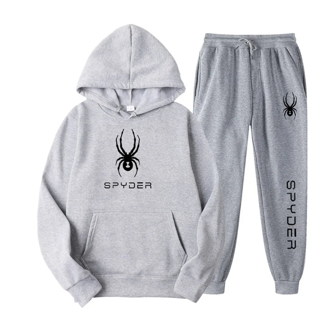 .A casual sports outfit consisting of a long-sleeved hooded t-shirt and elastic-waist pants.