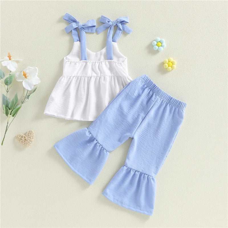 Kids Clothes Baby Girl Summer Outfits Contrast Color A Line V Neck Tie Shoulder Sleeveless Tops and Bell Bottoms 2Pcs Set