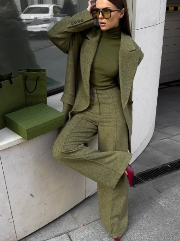Women's Elegant Woolen Suit Sets Padded Shoulder Loose Suit Coat High Waist Big Leg Suit Pant 2025 New Lady Autumn Winter Outfit