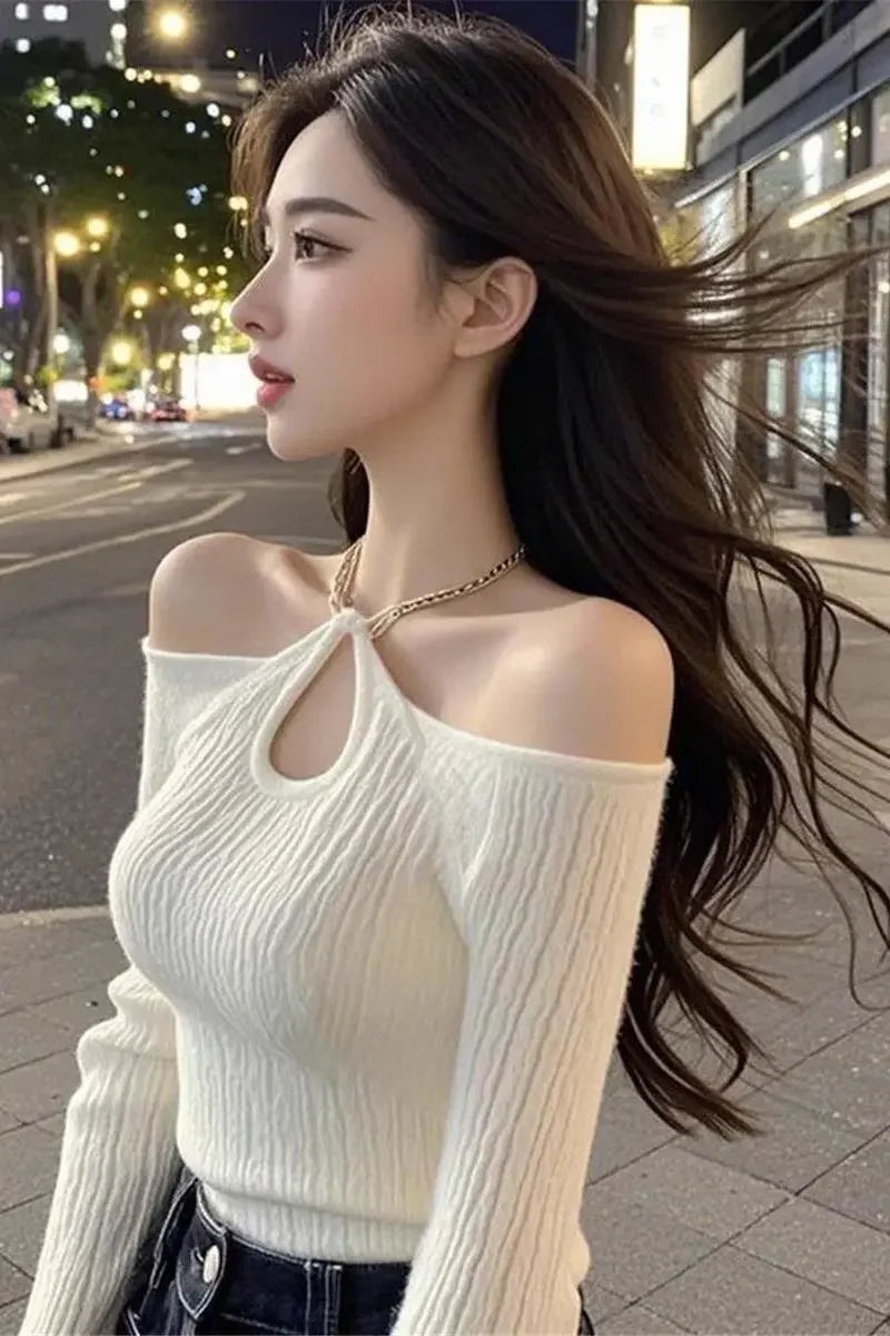 women clothes Spring Autumn Fashion Sexy All-match fashionable Hollow Out Solid color slash neck Female Appear thin Pure Desire