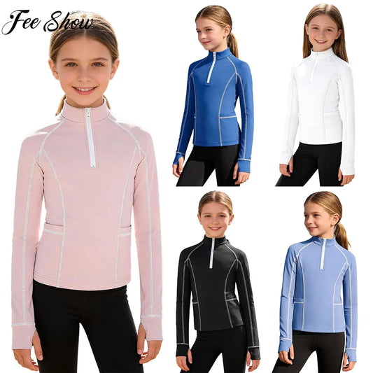 Kids Girl Outdoor Cycling Riding Clothes Tops Horse Riding Shirt Long Sleeves Thumb Holes Zip-Up Pullover Sweatshirt Sports Tops