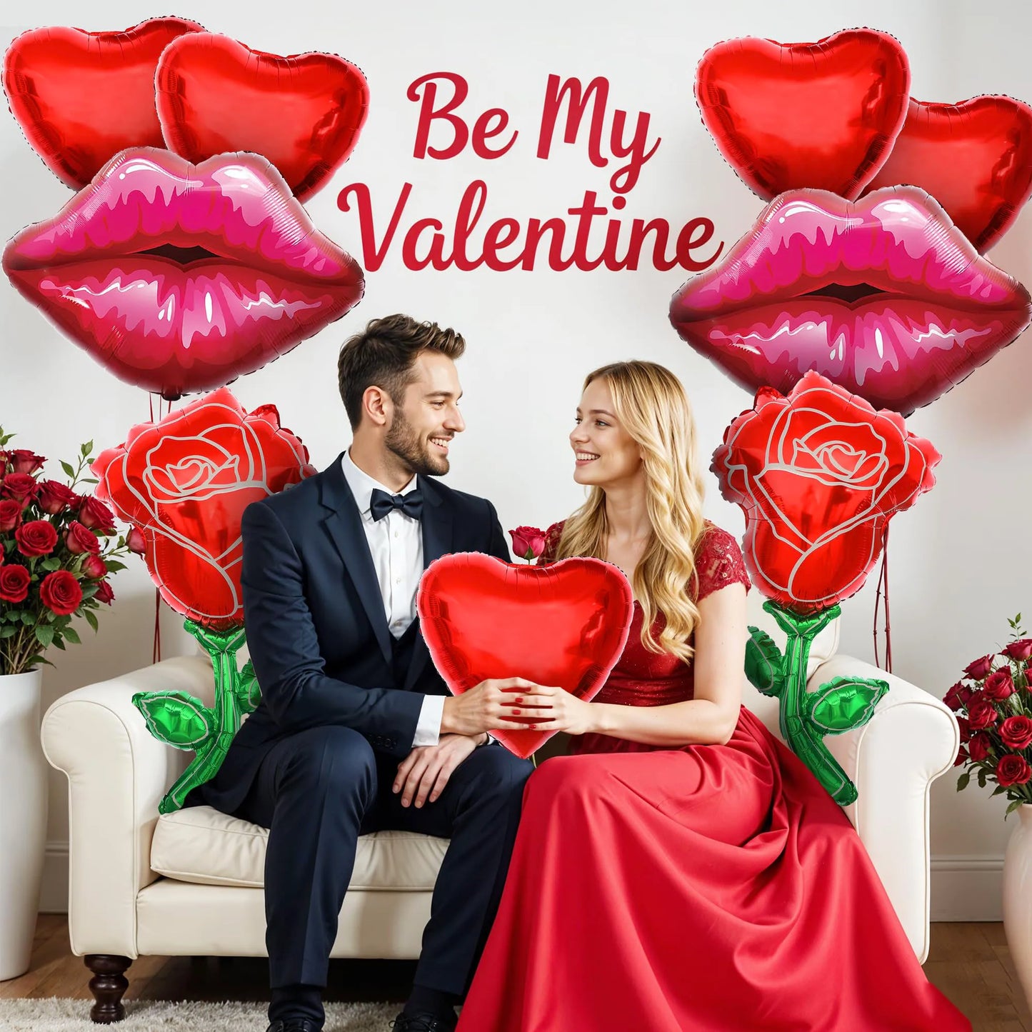 10pcs Valentine's Day Foil Balloon Set Rose Balloon Lip Balloon Heart Balloon Special Night Valentine's Day Decoration Balloon