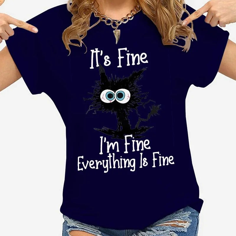 Women Clothes Cat It's Fine I'm Fine Everything Is Fine Print T-shirts Summer Casual Loose  Personalized T-shirts