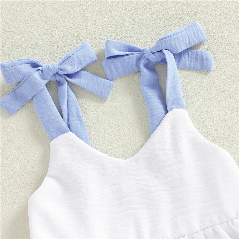 Kids Clothes Baby Girl Summer Outfits Contrast Color A Line V Neck Tie Shoulder Sleeveless Tops and Bell Bottoms 2Pcs Set