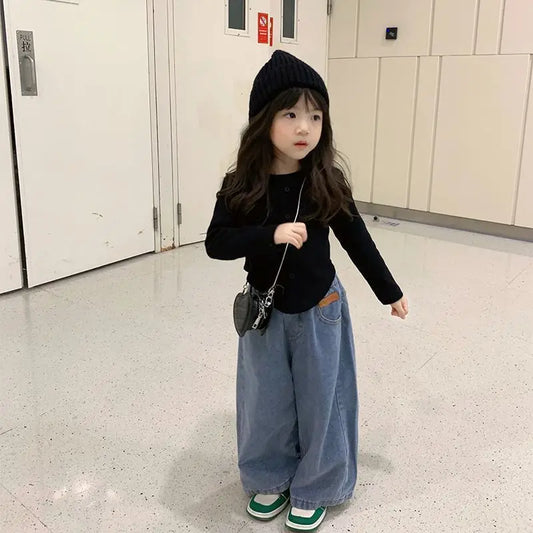 Kids Clothes  Autumn Girls Sets Girls Baby Clothes Korean Style Bottoming Shirts Casual Jeans Girls Wide Leg Pants Girls Tops