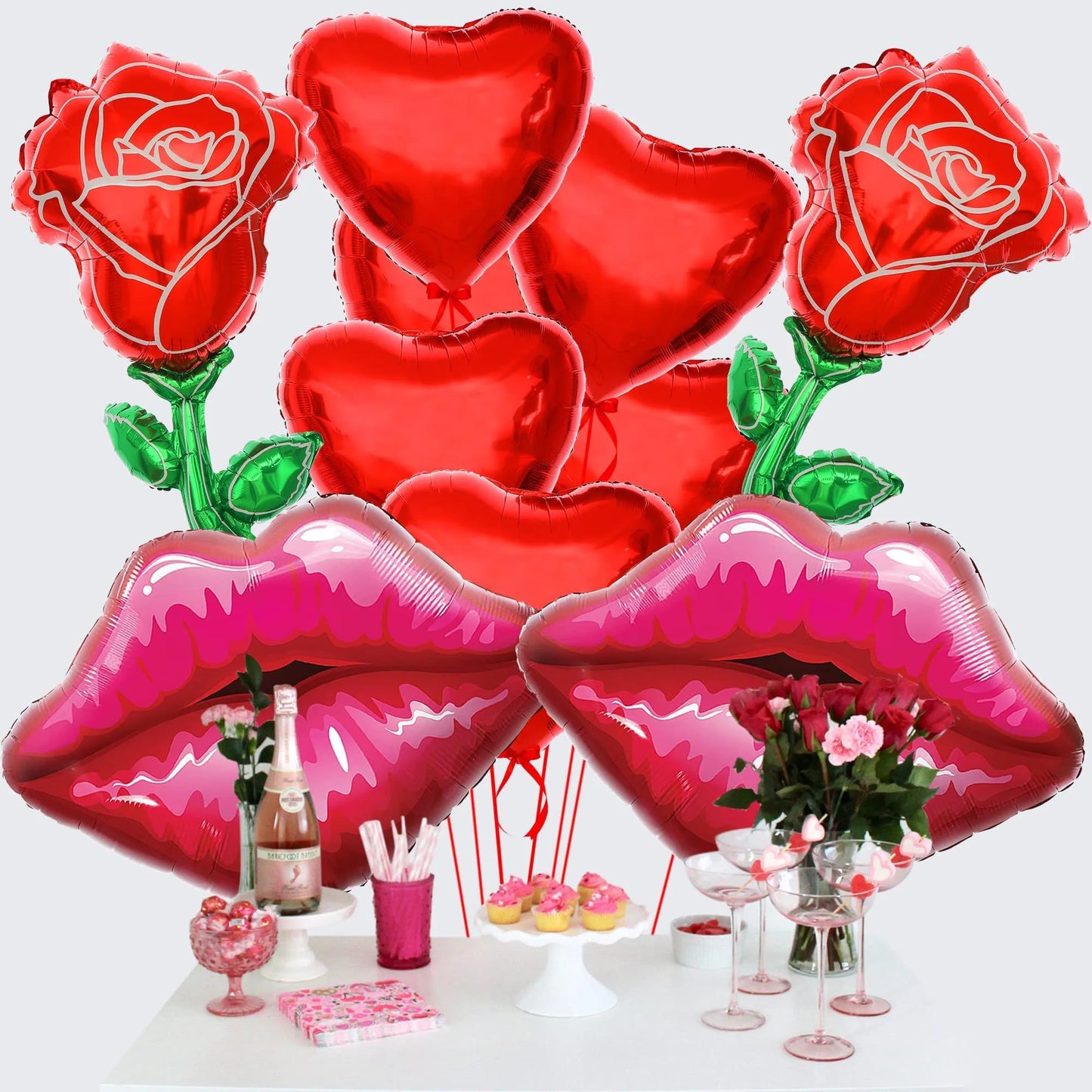 10pcs Valentine's Day Foil Balloon Set Rose Balloon Lip Balloon Heart Balloon Special Night Valentine's Day Decoration Balloon
