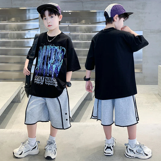 2025 Summer Kids Clothes Set for Boys Loose Casual Shorts Sleeve T-shirt + Shorts Two Pieces Clothing Set Korean Child Tracksuit